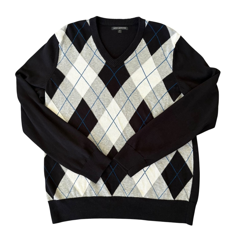 Express Design Studio Mens Argyle V-Neck Sweater Black Wool Blend M Preppy Y2K
